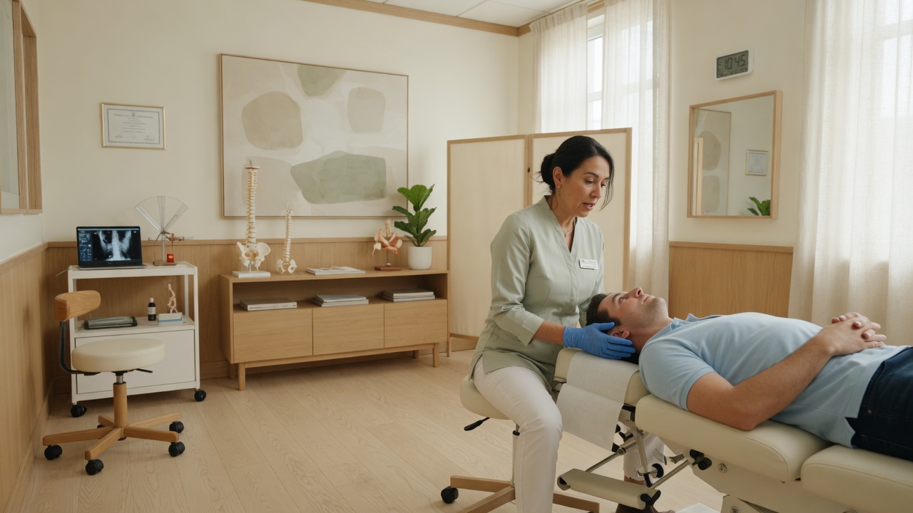 Chiropracteur effectuant une analyse posturale cervicale sur un patient, espace de soins moderne et lumineux