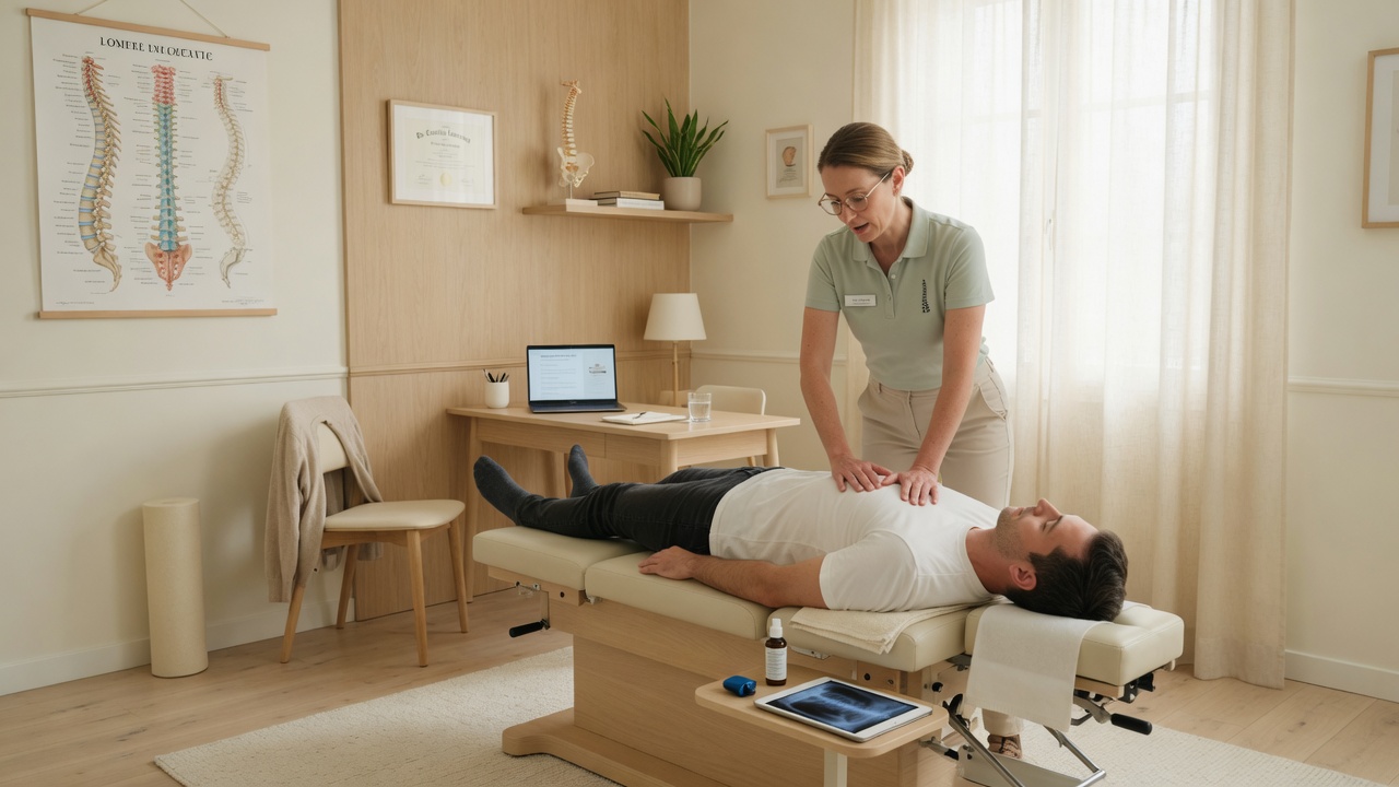 Chiropracteur réalisant un bilan postural sur un enfant debout, analyse de la colonne vertébrale pédiatrique au centre