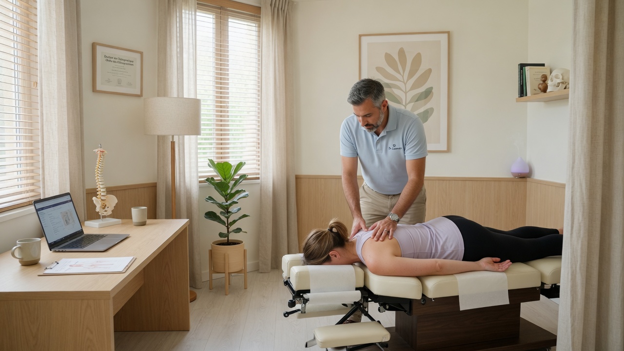 Chiropracteur effectuant une analyse de mobilité thoracique sur un patient en position assise, espace de soins clair et professionnel