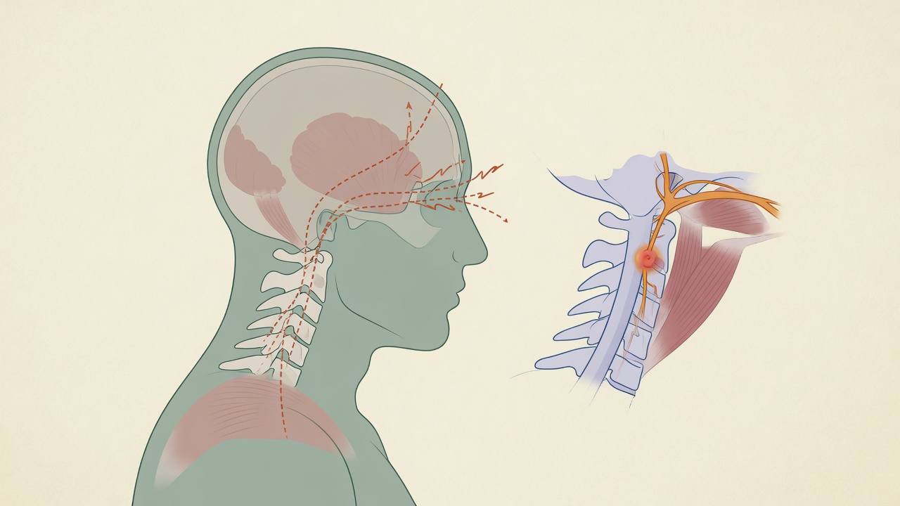 Illustration de la charnière crânio-cervicale et des nerfs sous-occipitaux impliqués dans les céphalées cervicogéniques