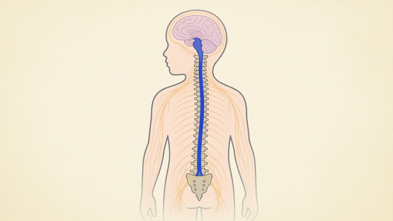 Illustration pédagogique du système nerveux autonome chez l'enfant, connexion entre la colonne vertébrale et la régulation émotionnelle et comportementale