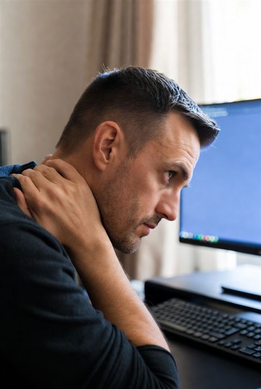Personne au bureau avec un mal de dos lié à la position assise prolongée