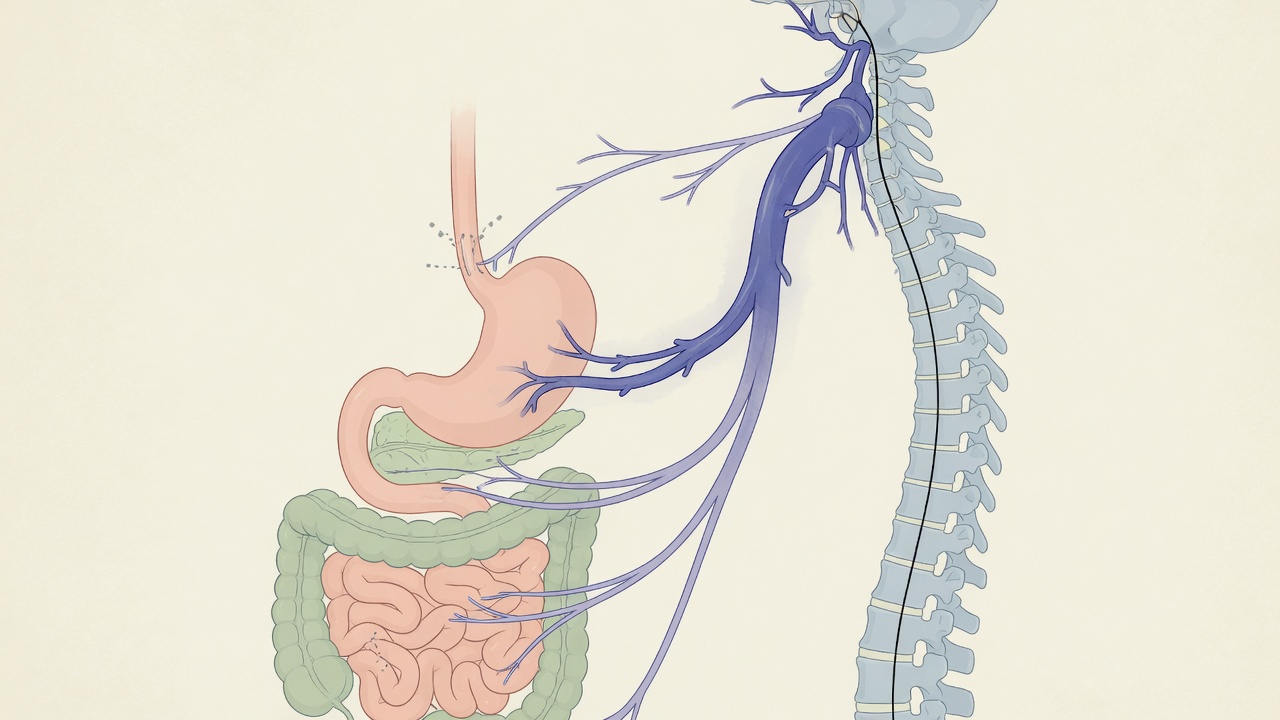 Illustration anatomique du nerf vague reliant le cerveau et le tube digestif via le rachis cervical, rôle dans la régulation digestive autonomique