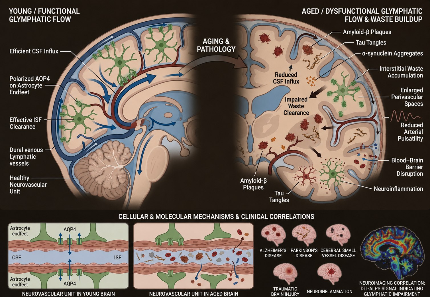 Comparaison du flux glymphatique dans un cerveau jeune et fonctionnel et dans un cerveau âgé dysfonctionnel, avec accumulation d'amyloïde-bêta, tau et alpha-synucléine, dépolarisation de l'aquaporine-4 et neuroinflammation