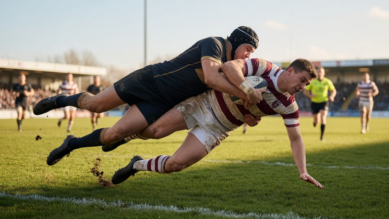 Rugbyman effectuant un plaquage défensif, impact sur la nuque et les épaules