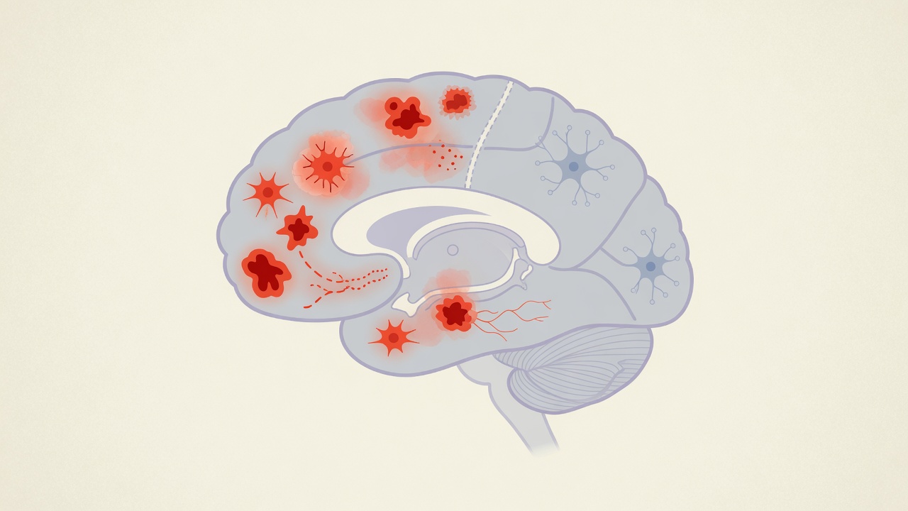 Illustration de la neuroinflammation et de la démyélinisation dans la sclérose en plaques, vue anatomique du système nerveux central