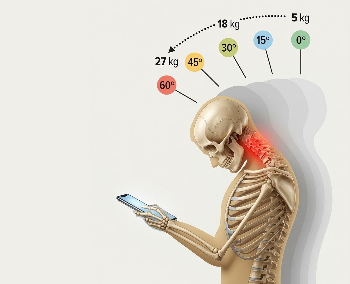 Infographie montrant la charge sur les cervicales selon l'angle de la tête, de 5 kg à 0 degré jusqu'à 27 kg à 60 degrés sur un smartphone